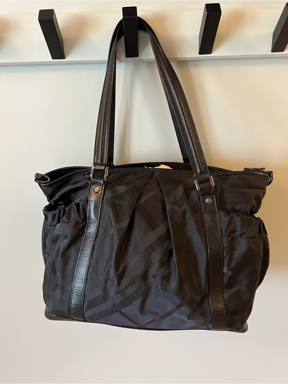 Burberry Black Quilted Check Tote / Weekender / Diaper Bag with Leather Straps